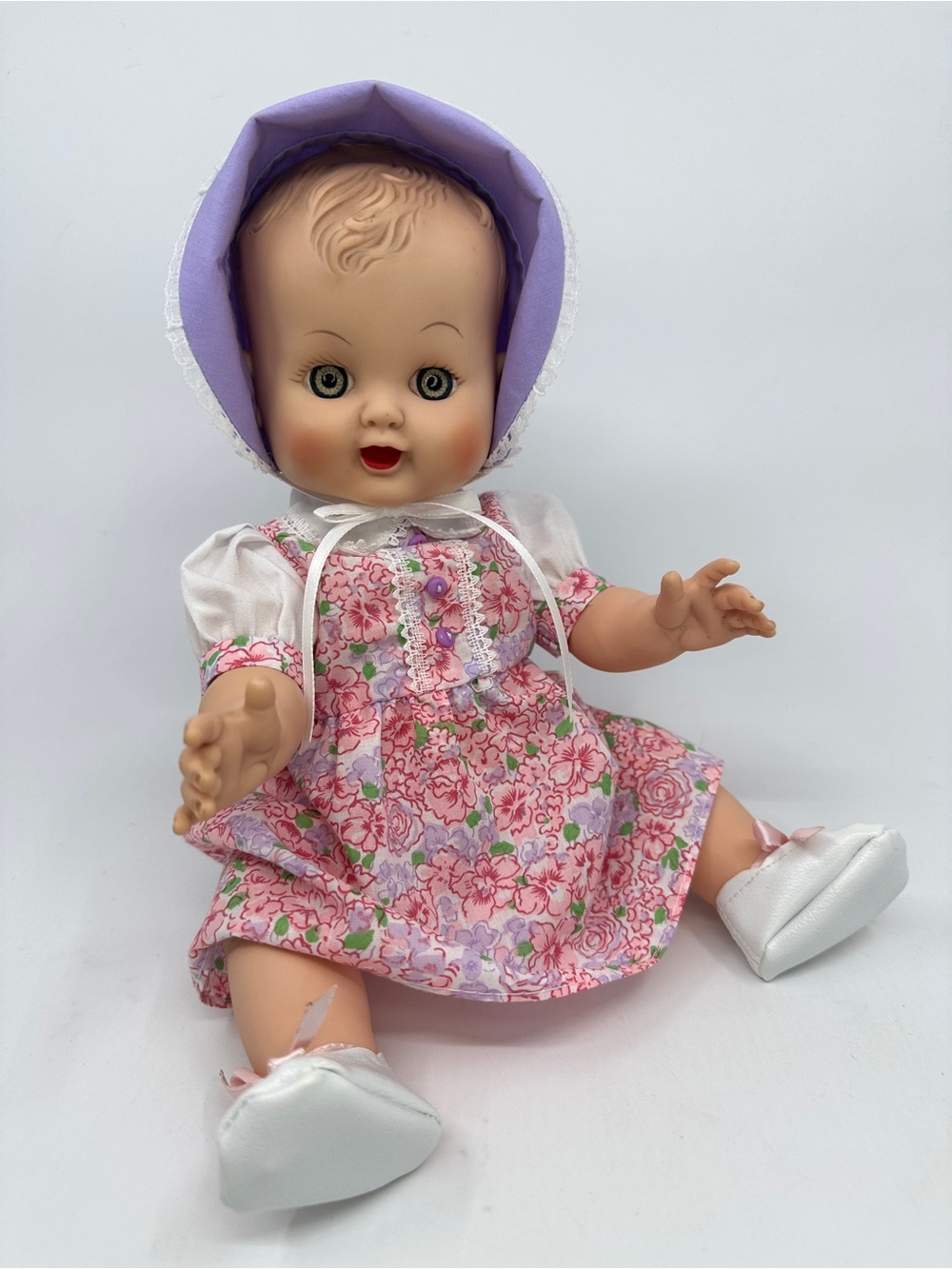 Classic Vintage 12" Baby Doll in Pink Floral Dress and Purple Bonnet